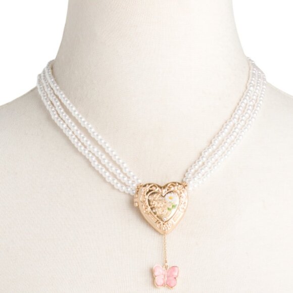 Betsey Johnson Heart Locket Necklace with Pearls Butterfly Daisy I Love You NWT - Picture 1 of 10